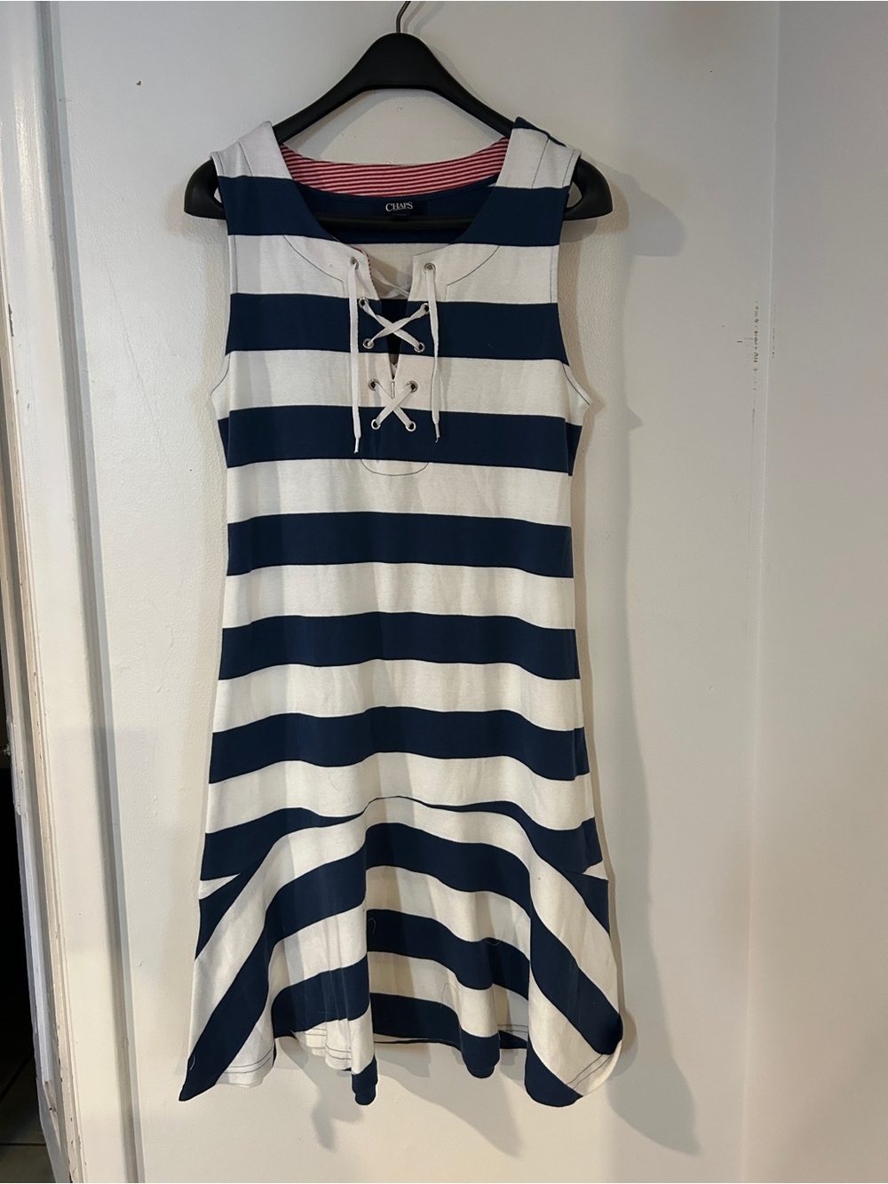 Chaps Navy, White and Red Striped Lace-Up Knit Top size M